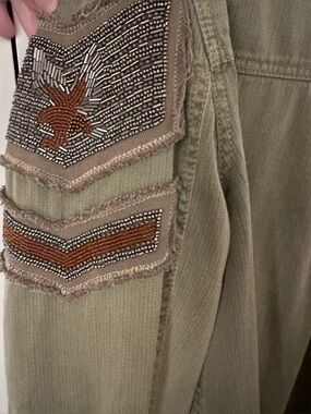 Free People Army Jacket Large Olive Utility Shirt Jacket Beaded Sleeve